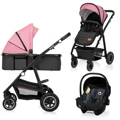 lionelo carucior 3 in 1 roz cadru din aluminiu cu landou intarit si salteluta moale scoica auto reversibil maner ajustabil huse pentru picioare plasa de tantari husa de ploaie geanta parinti pana la 22 kg